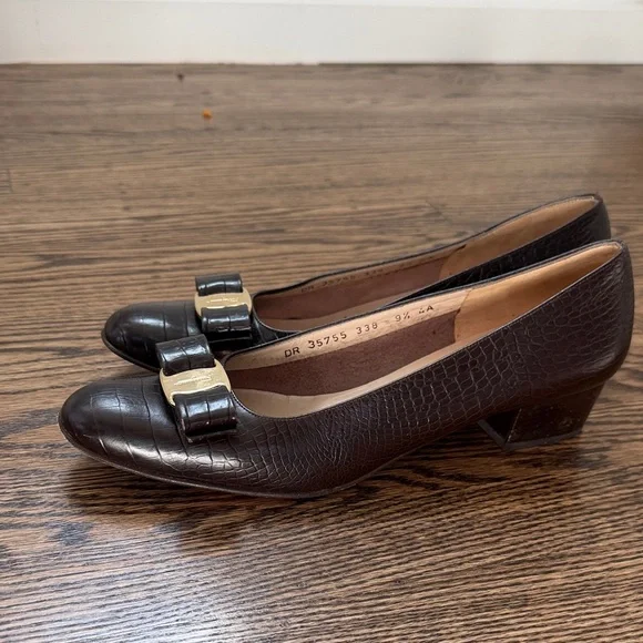 Salvatore Ferragamo Dark Brown Croc-Embossed Heels - Picture 9 of 15